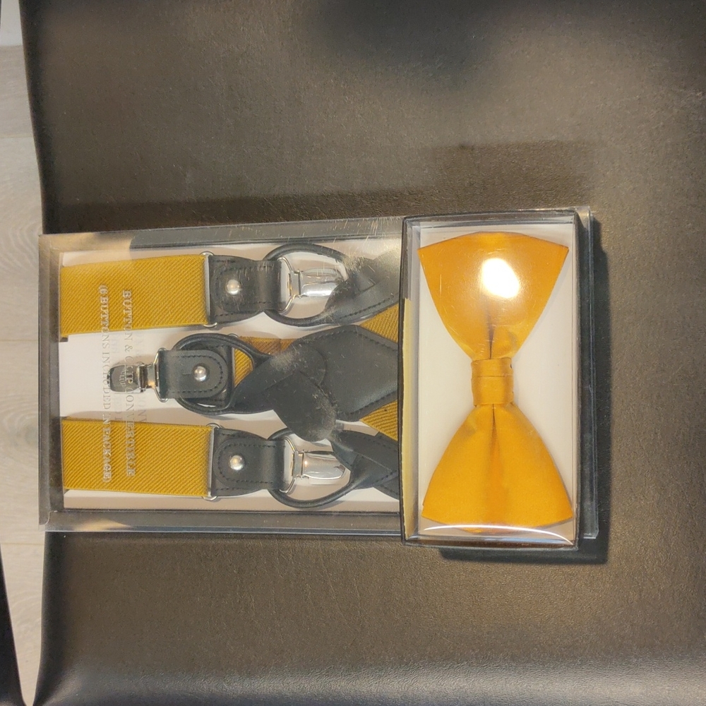 PACKAGE BUNDLE Mustard Vico Button & Clip Convertible Suspenders bowtie included